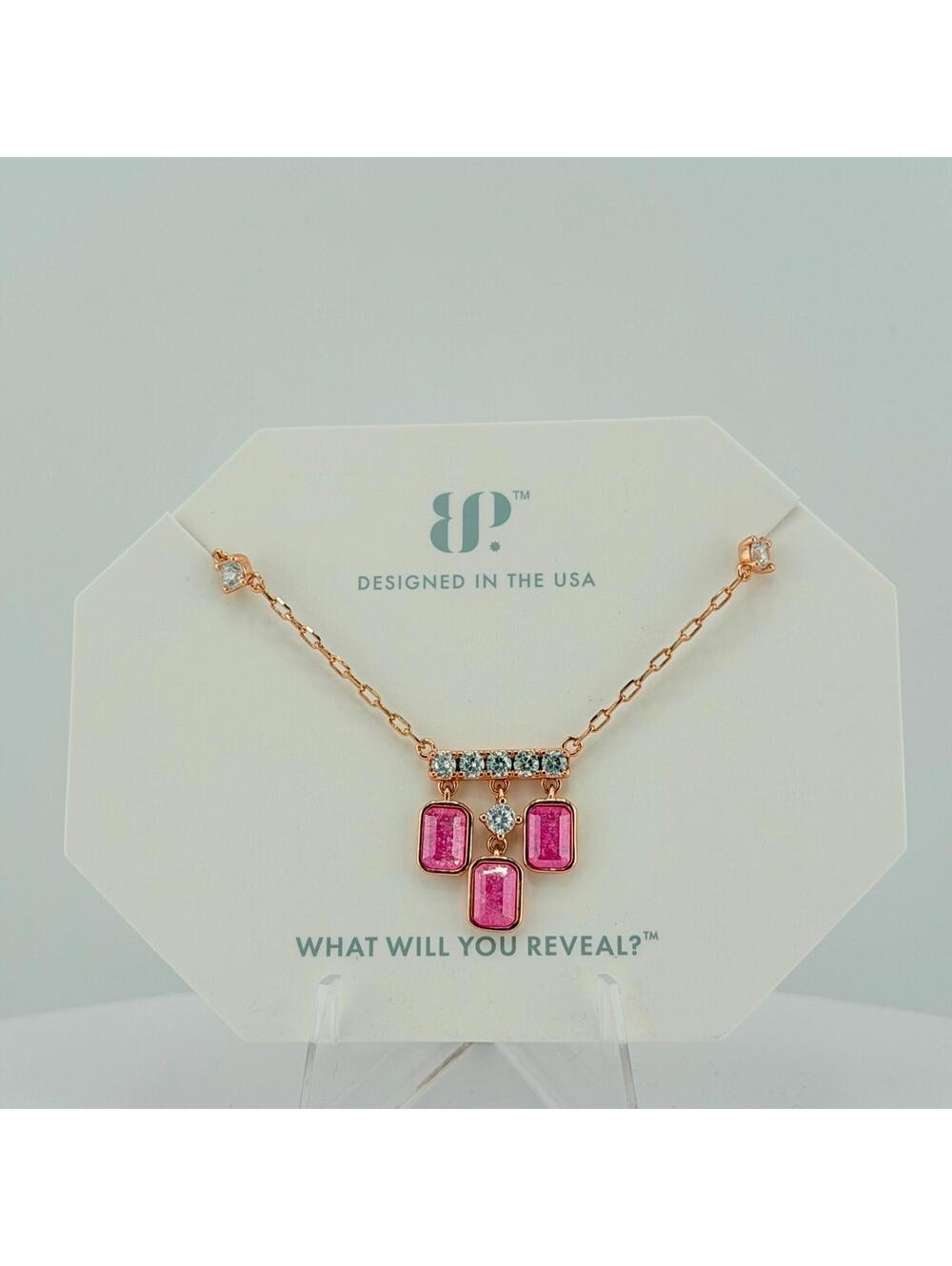 Bomb Party Necklace "Triply Dazzled" Rose Ice Crystal on Rose Gold
